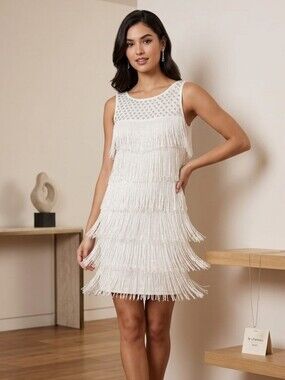 le chateau Ivory Beaded Fringed Cocktail Dress